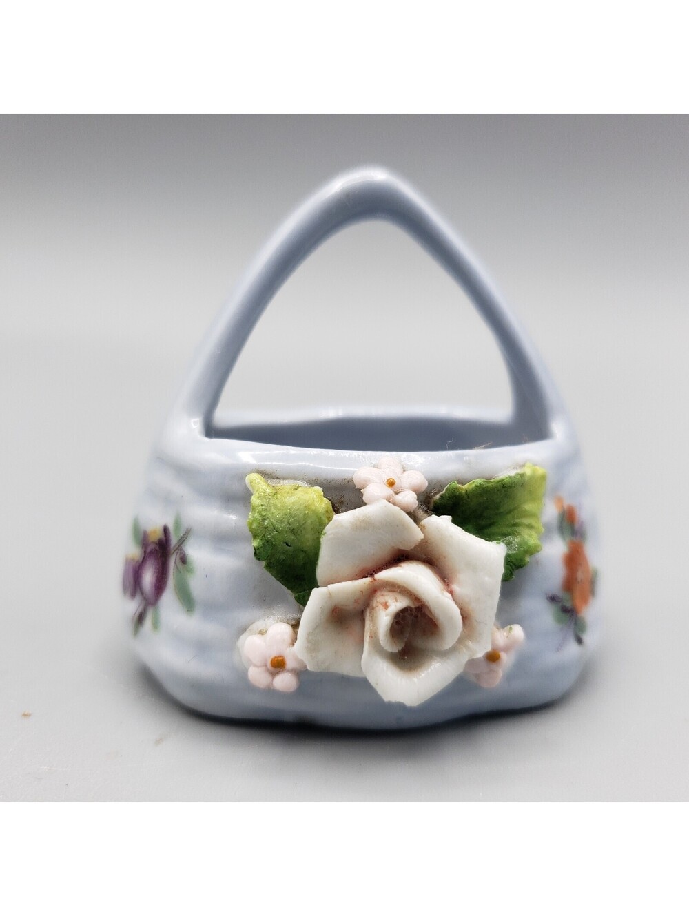 Vintage German Elfinware Basket Applied Flowers Leaves Blue Miniature Porcelain